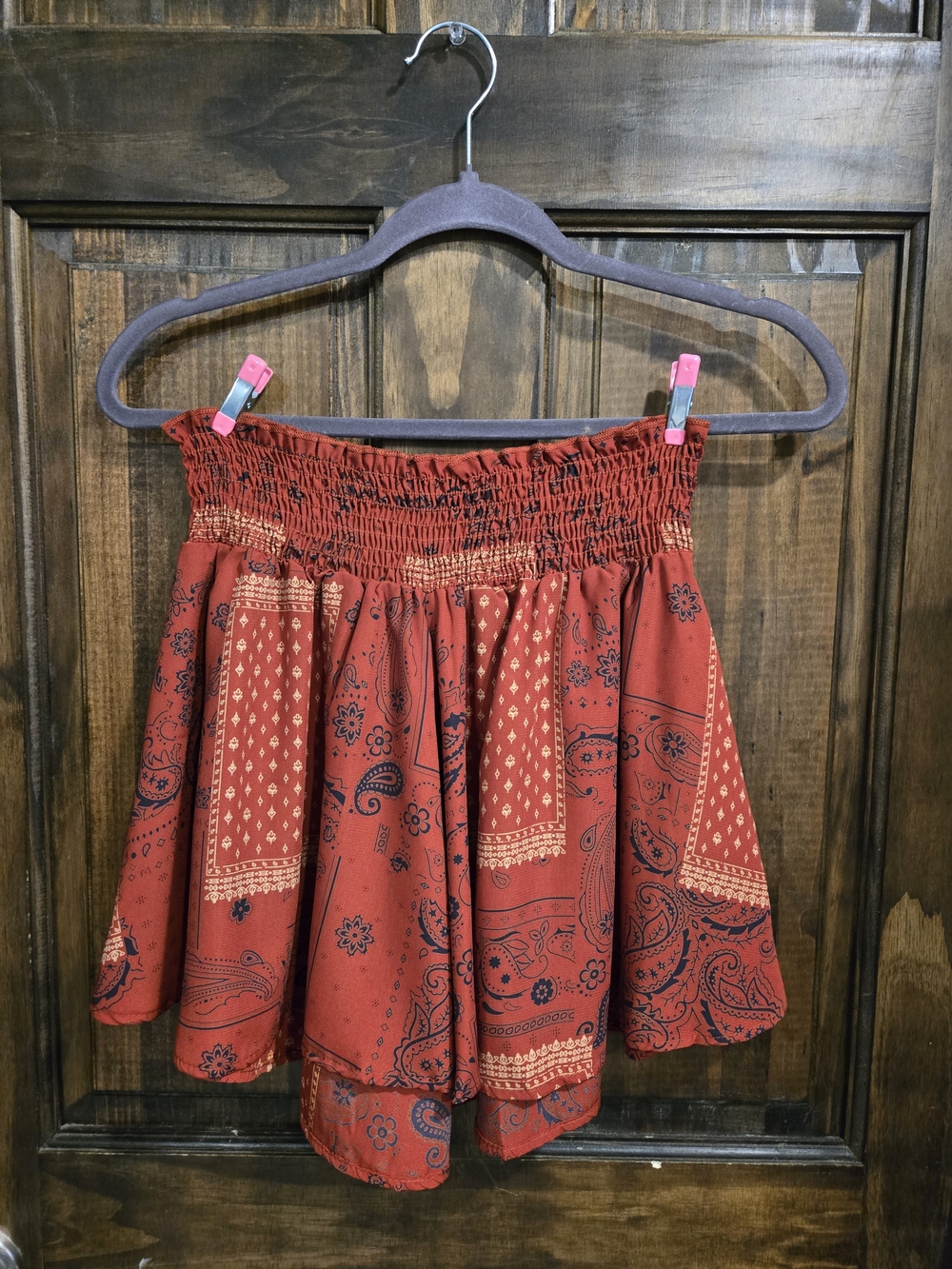 BUCKETLIST Rust Red Paisley Bandana Smocked Mini Shorts NWOT